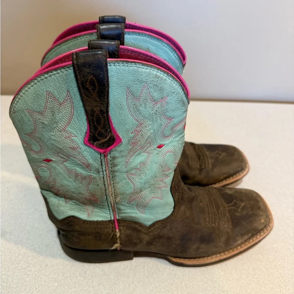 Ariat Kid's Tombstone Western Boot Square Toe Size 3.5 Brown‎ / Blue 10031516